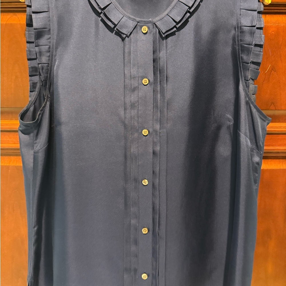 J. Crew Black Sleeveless Silk Blouse with Pleated Trim